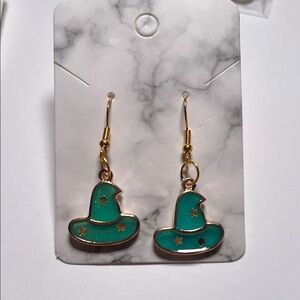 Teal Witch Hat Earrings With Gold Stars